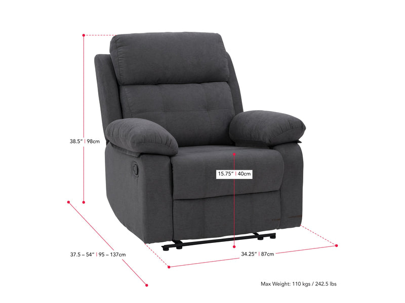 dark grey Extra Wide Recliner Oren Collection measurements diagram by CorLiving