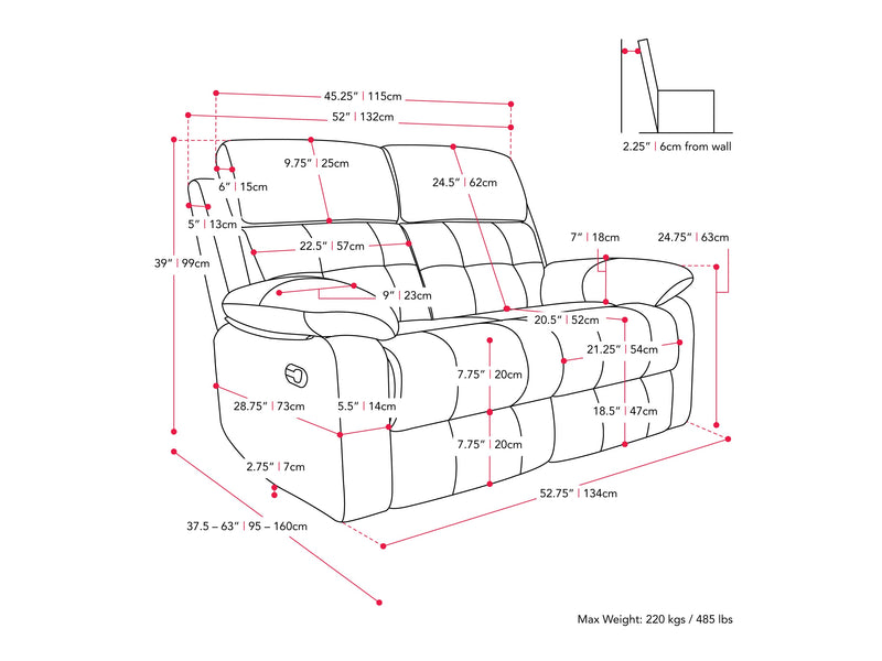 blue 2 Seater Recliner Sofa Oren Collection measurements diagram by CorLiving