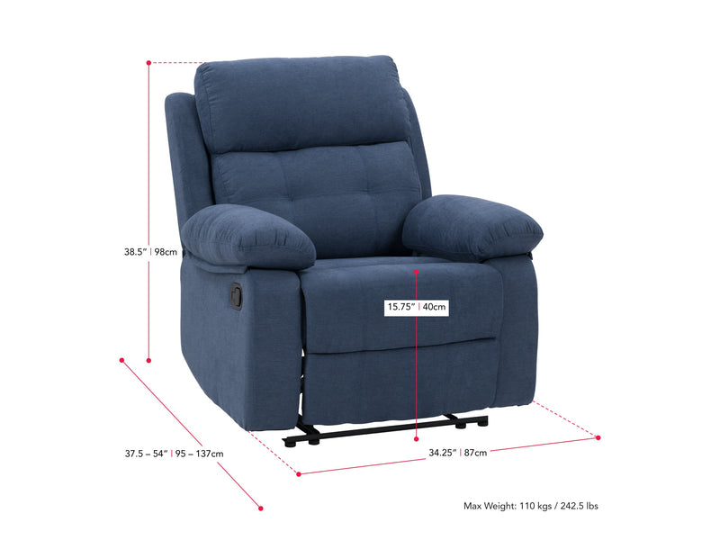 blue Extra Wide Recliner Oren Collection measurements diagram by CorLiving