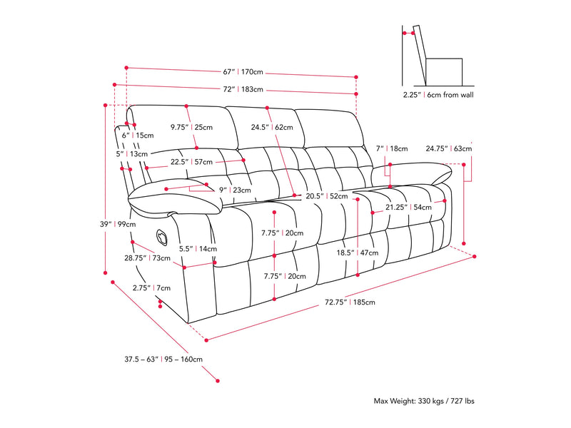 blue 3 Seater Recliner Sofa Oren Collection measurements diagram by CorLiving