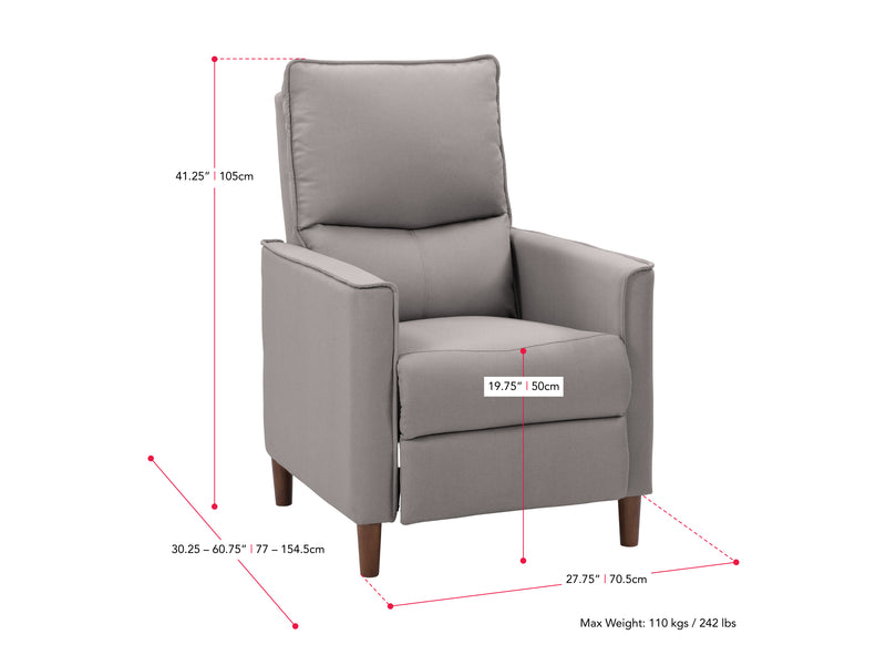 light grey Mid Century Recliner Alder Collection measurements diagram by CorLiving