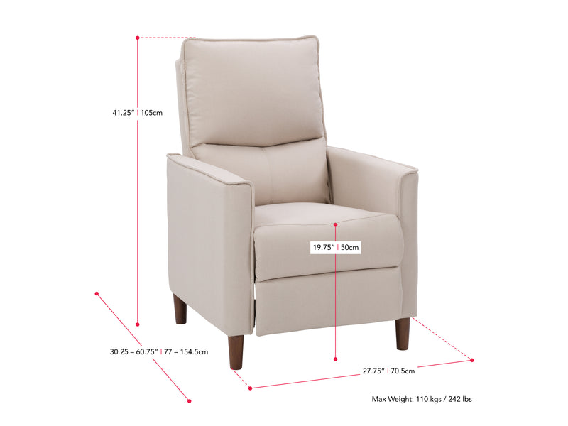 beige Mid Century Recliner Alder Collection measurements diagram by CorLiving