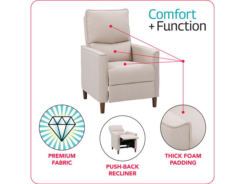 beige Mid Century Recliner Alder Collection infographic by CorLiving