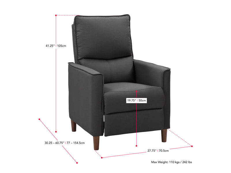 dark grey Mid Century Recliner Alder Collection measurements diagram by CorLiving