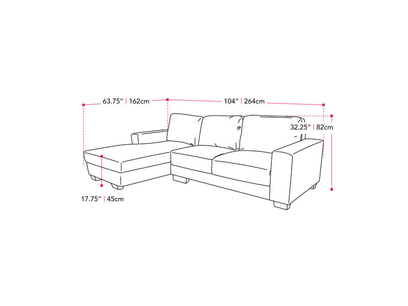 light grey Wide Sectional Couch, Right Facing Lyon collection measurements diagram by CorLiving