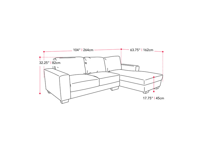 light grey Wide Sectional Couch, Left Facing Lyon collection measurements diagram by CorLiving