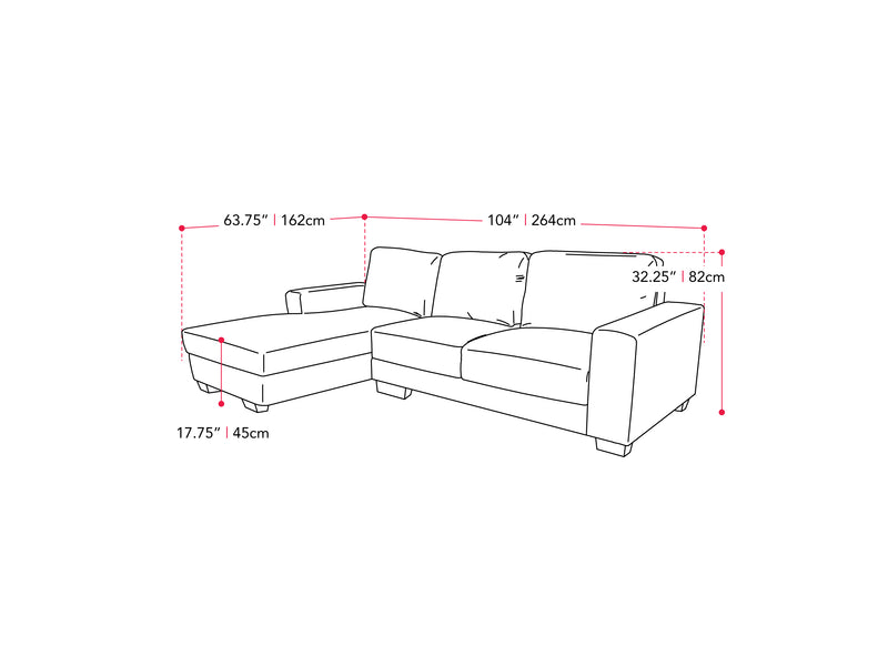 dark grey Wide Sectional Couch, Right Facing Lyon collection measurements diagram by CorLiving