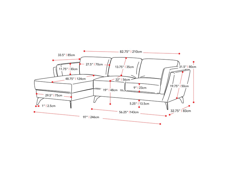 deep blue L Shaped Sofa, Left Facing Lansing Collection measurements diagram by CorLiving