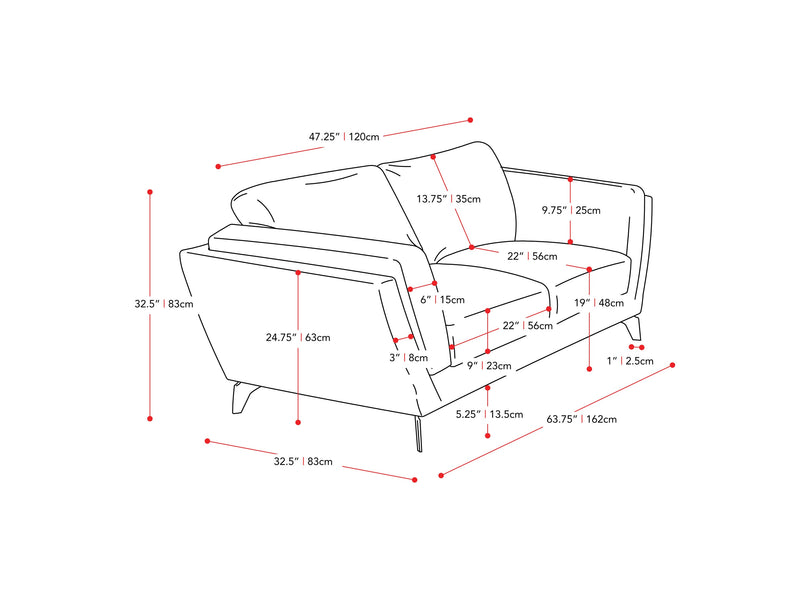 deep blue 2 Seat Sofa Loveseat Lansing Collection measurements diagram by CorLiving