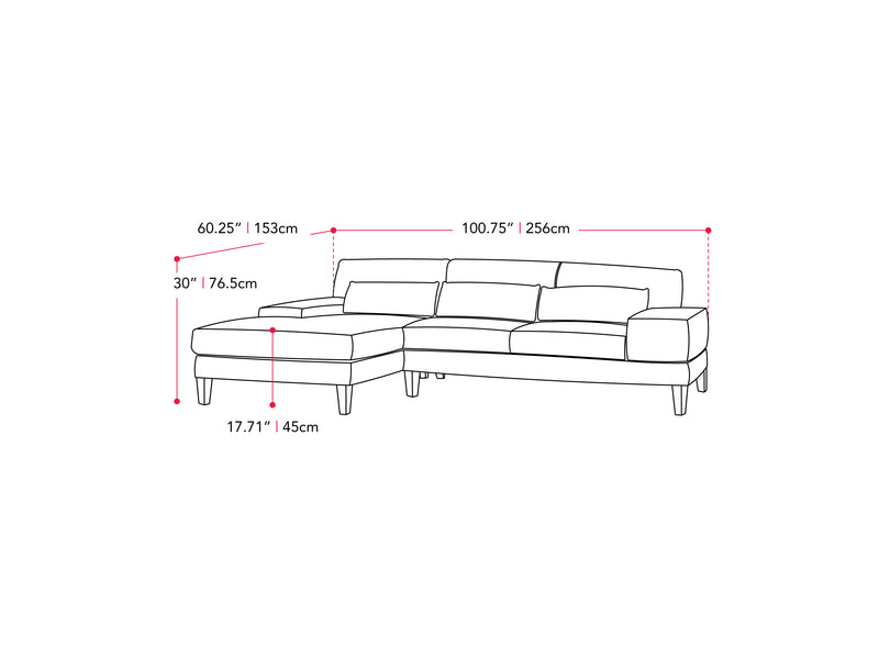 grey Modern Sectional Sofa, Right Facing Ava collection measurements diagram by CorLiving