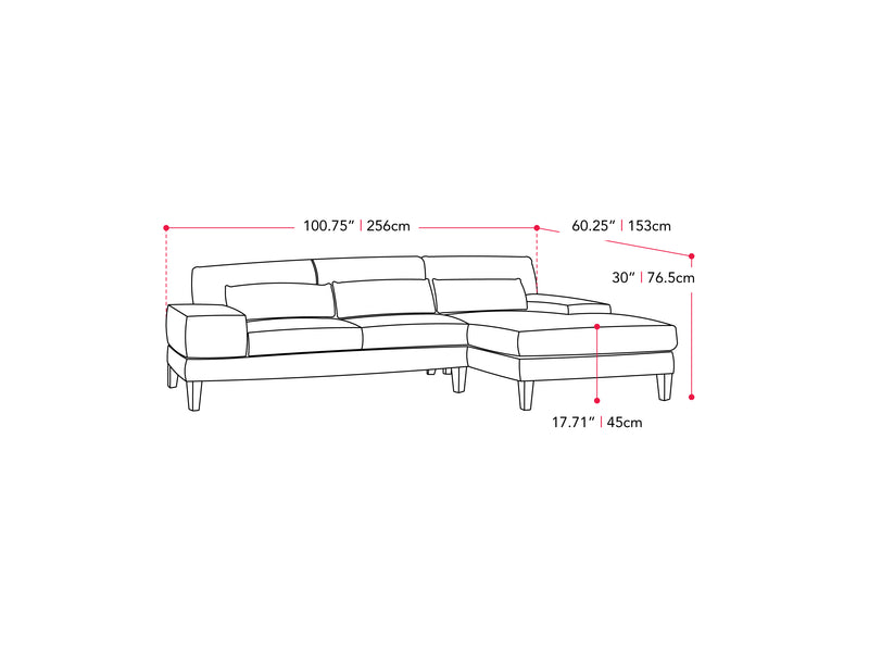 grey Modern Sectional Sofa, Left Facing Ava collection measurements diagram by CorLiving