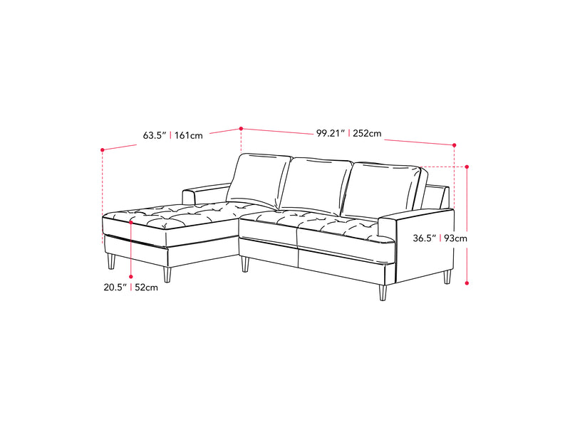 beige L Shaped Couch, Right Facing Madelyn collection measurements diagram by CorLiving