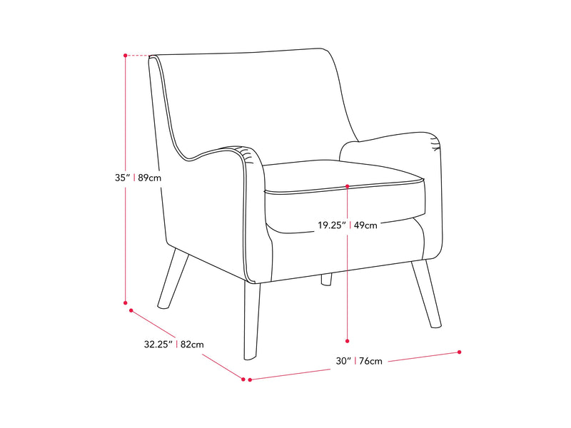 grey Velvet Accent Chair Isla Collection measurements diagram by CorLiving