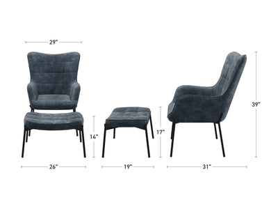 teal Velvet Accent Chair with Stool Charlotte Collection measurements diagram by CorLiving#color_charlotte-dark-teal