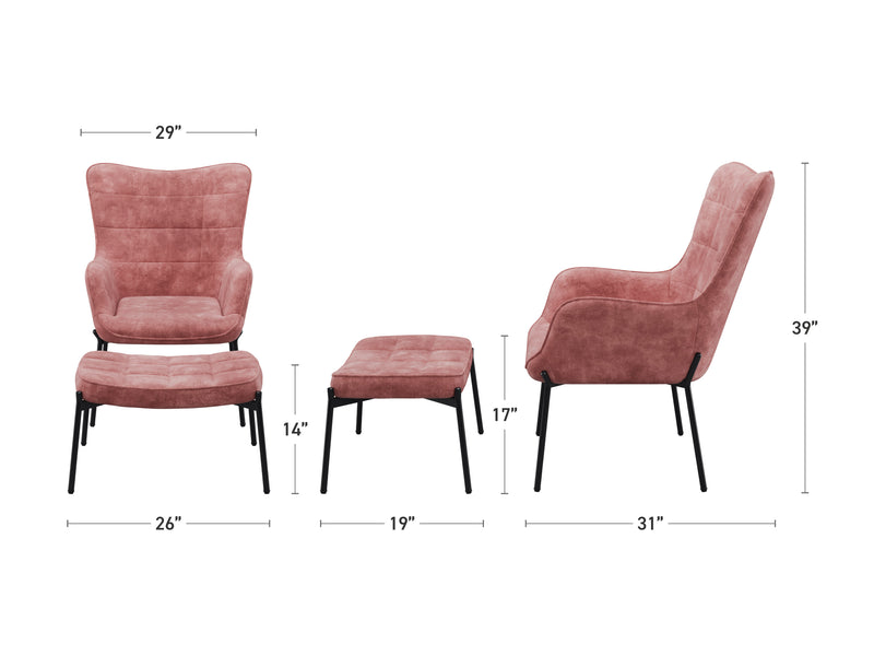 pink Velvet Accent Chair with Stool Charlotte Collection measurements diagram by CorLiving