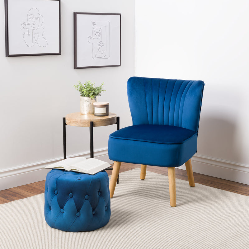 blue Velvet Accent Chair with pouf Lynwood Collection lifestyle scene by CorLiving