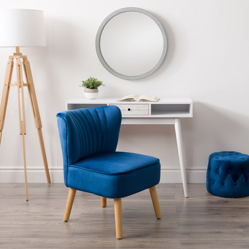 blue Velvet Accent Chair with pouf Lynwood Collection lifestyle scene by CorLiving