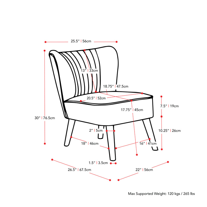 grey Velvet Accent Chair with pouf Lynwood Collection measurements diagram by CorLiving