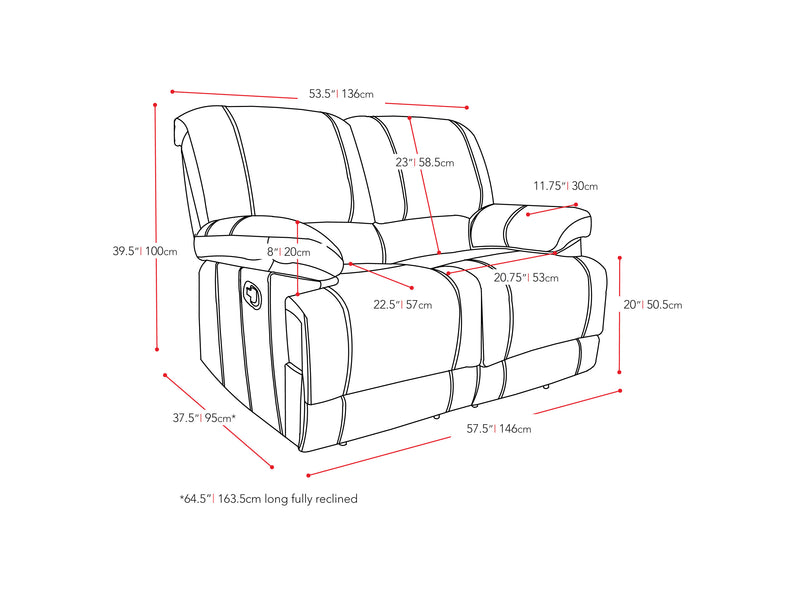 grey Reclining Loveseat Sofa Lea collection measurements diagram by CorLiving