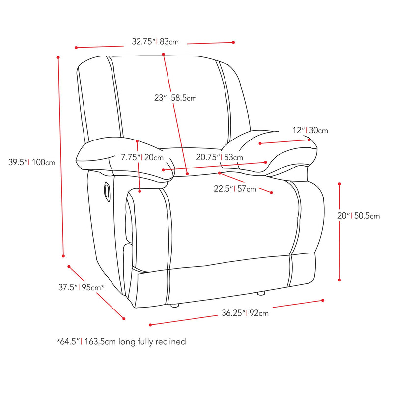 grey Extra Wide Recliner Lea Collection measurements diagram by CorLiving