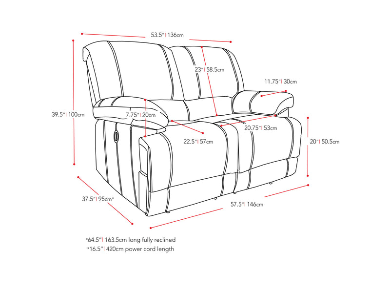 brown Power Reclining Loveseat Sofa Lea collection measurements diagram by CorLiving