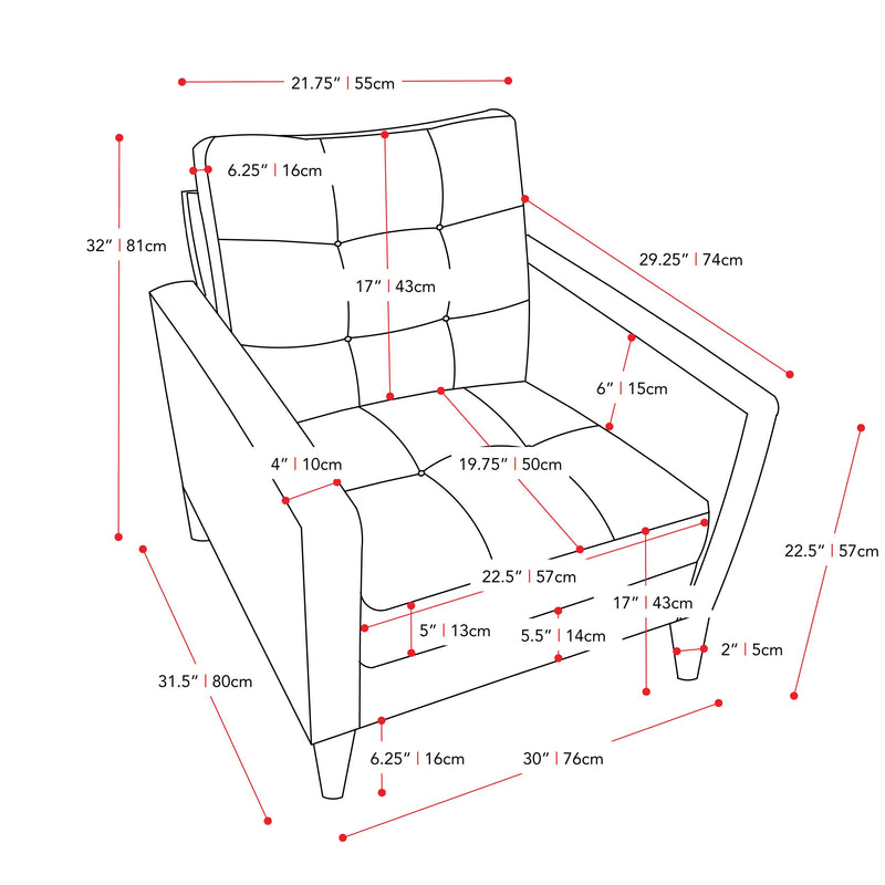 beige 3 Piece Sewn Panel Tufted Sofa Set with Wooden Legs CorLiving collection measurements diagram by CorLiving
