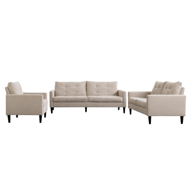 beige 3 Piece Sewn Panel Tufted Sofa Set with Wooden Legs CorLiving collection product image by CorLiving