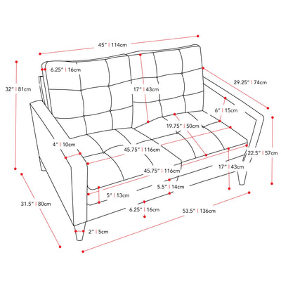 gray 2 Piece Sewn Panel Tufted Sofa Set with Wooden Legs CorLiving collection measurements diagram by CorLiving#color_gray