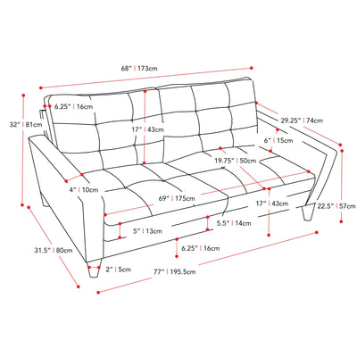 gray 2 Piece Sewn Panel Tufted Sofa Set with Wooden Legs CorLiving collection measurements diagram by CorLiving#color_gray