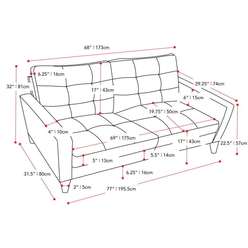gray 2 Piece Sewn Panel Tufted Sofa Set with Wooden Legs CorLiving collection measurements diagram by CorLiving