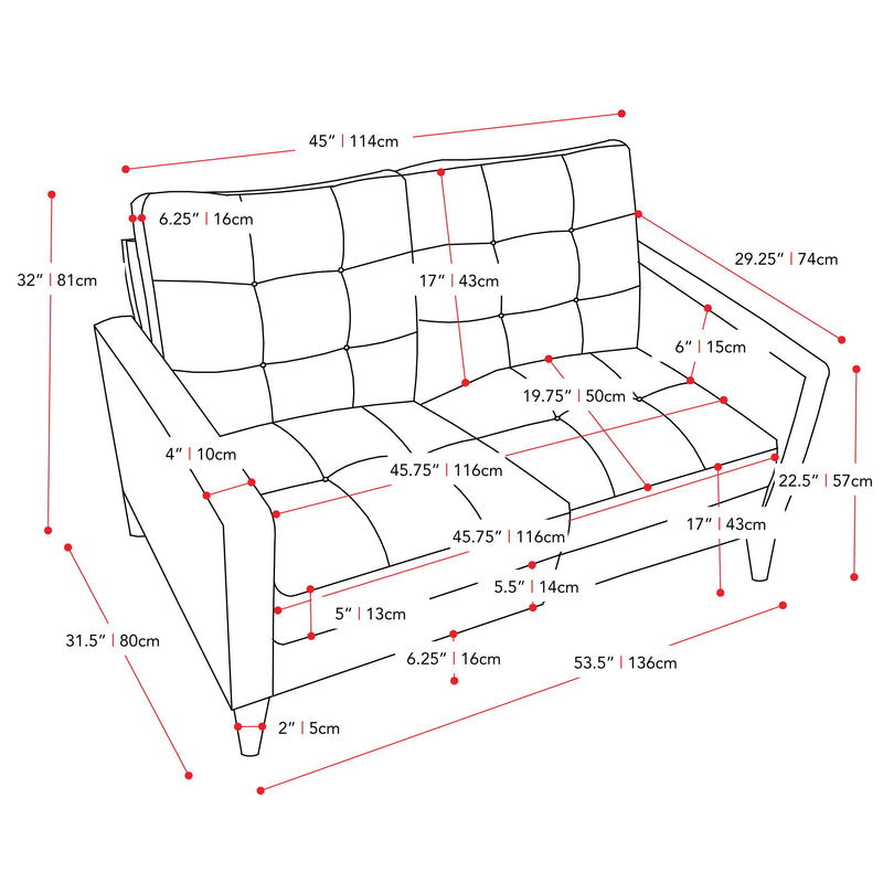 navy blue 2 Piece Sewn Panel Tufted Sofa Set with Wooden Legs CorLiving collection measurements diagram by CorLiving