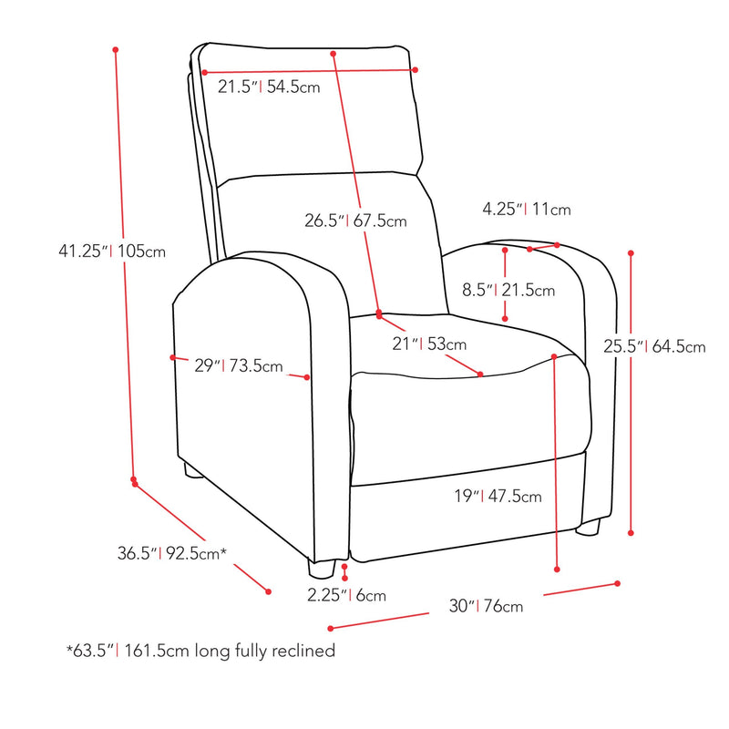 brown Modern Recliner Chair Moor Collection measurements diagram by CorLiving