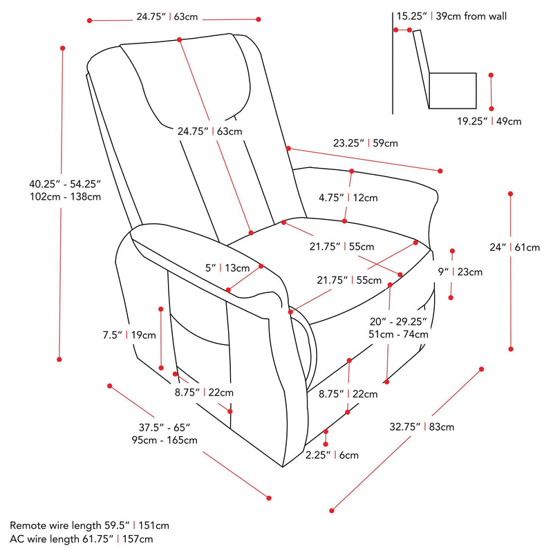 grey Power Lift Assist Recliner Arlington Collection measurements diagram by CorLiving