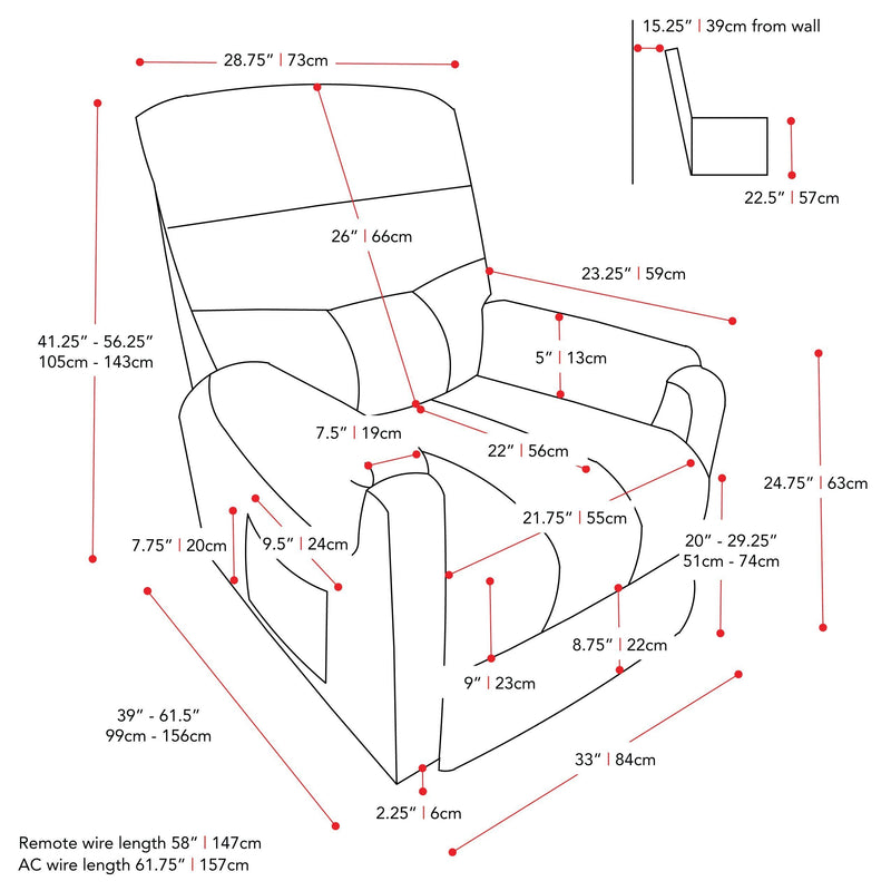 beige Power Lift Assist Recliner Dallas Collection measurements diagram by CorLiving