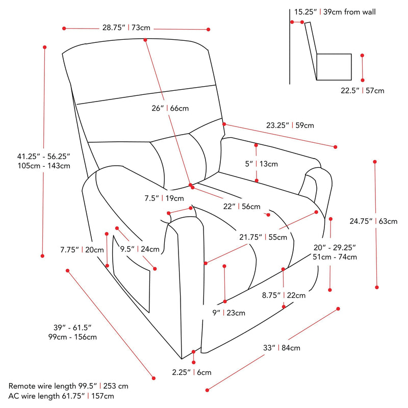 grey Power Lift Assist Recliner Dallas Collection measurements diagram by CorLiving