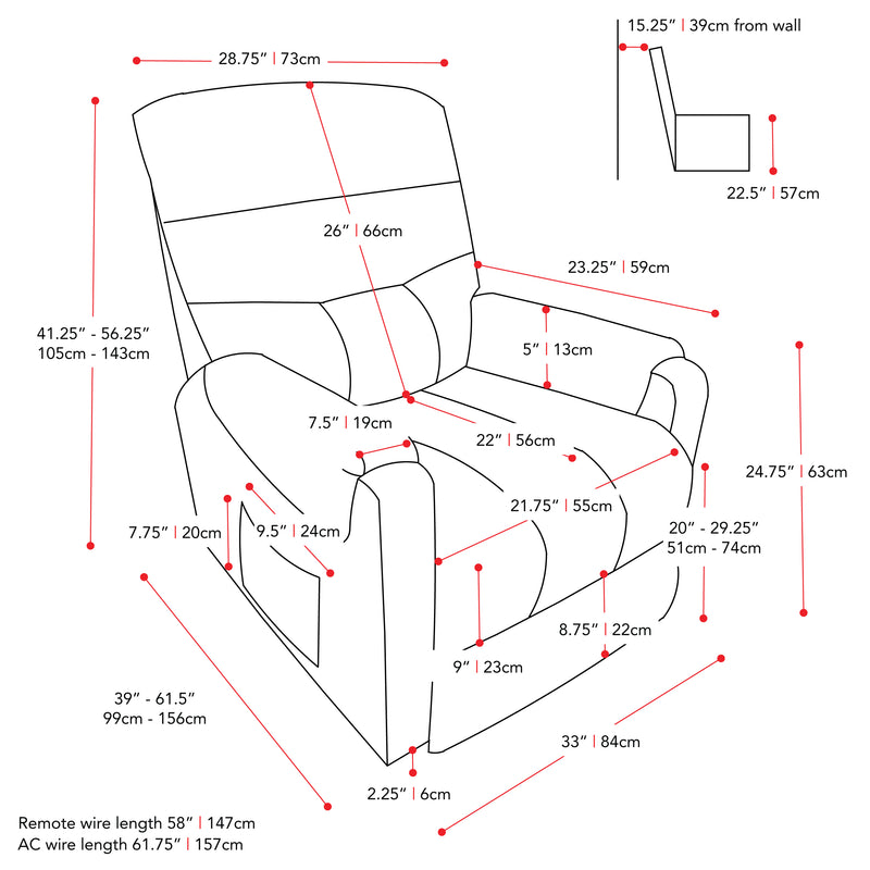 navy blue Power Lift Assist Recliner Dallas Collection measurements diagram by CorLiving