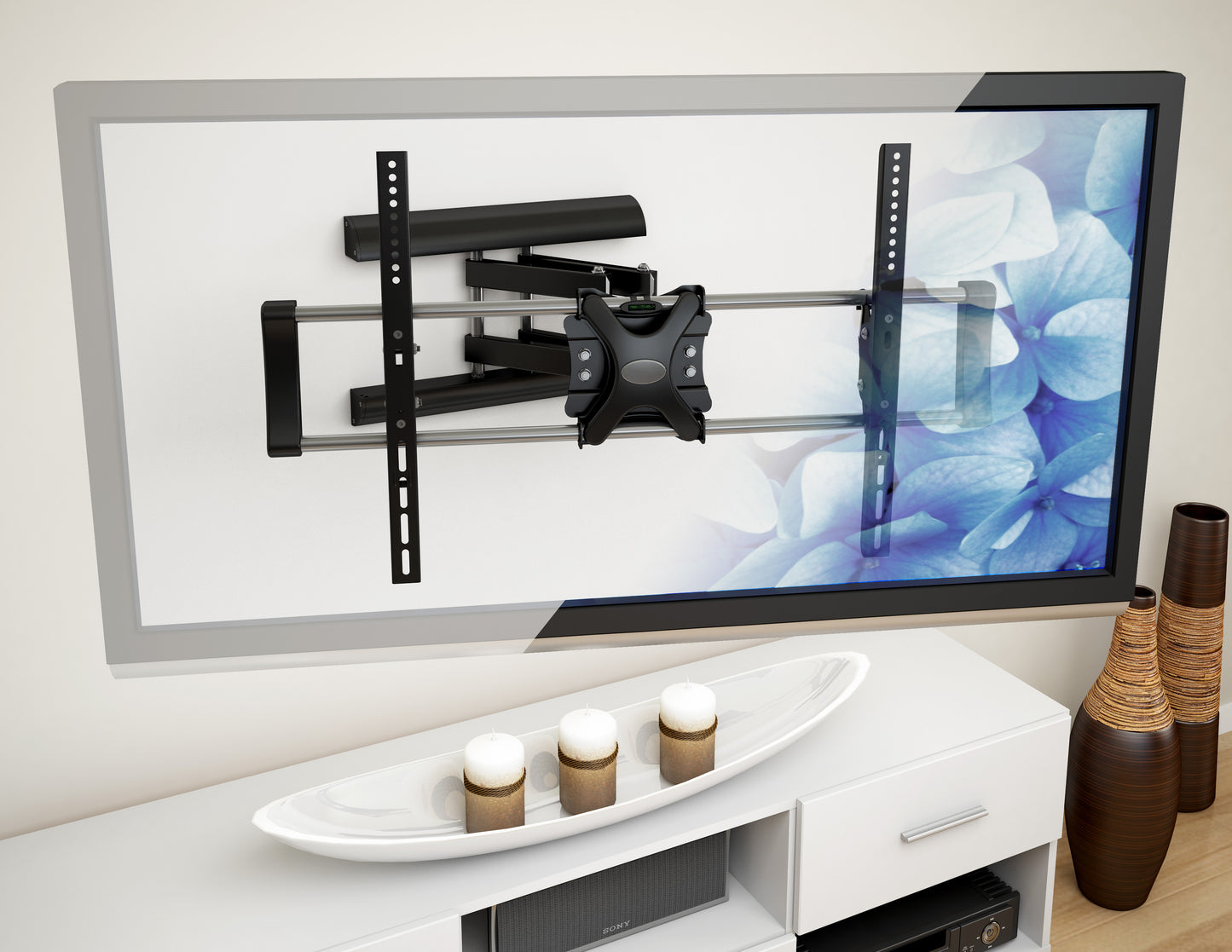 Modern black TV wall mount with adjustable arms and sleek design, suitable for flat-screen TVs, enhancing living room aesthetics with durable, high-quality metal construction for optimal viewing angles.