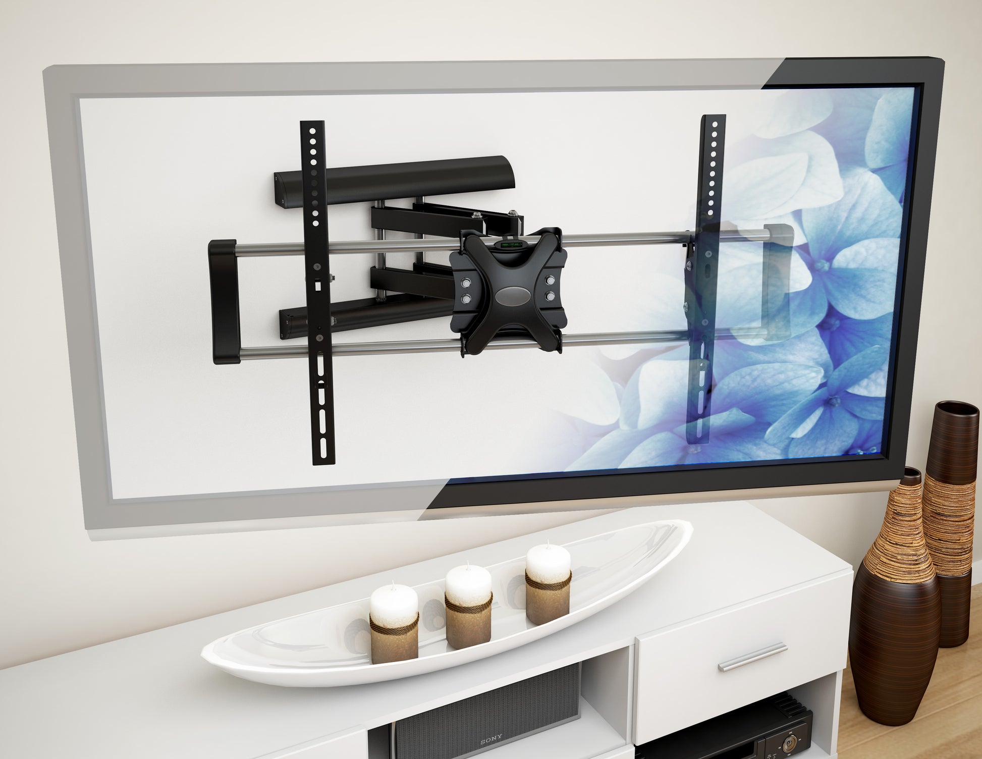 Modern black TV wall mount with adjustable arms and sleek design, suitable for flat-screen TVs, enhancing living room aesthetics with durable, high-quality metal construction for optimal viewing angles.