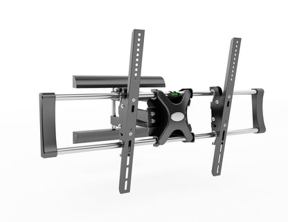 Sleek black TV wall mount with adjustable arms, durable steel construction, and a low-profile design for flat-screen TVs, providing a secure and space-saving solution for home entertainment setups.