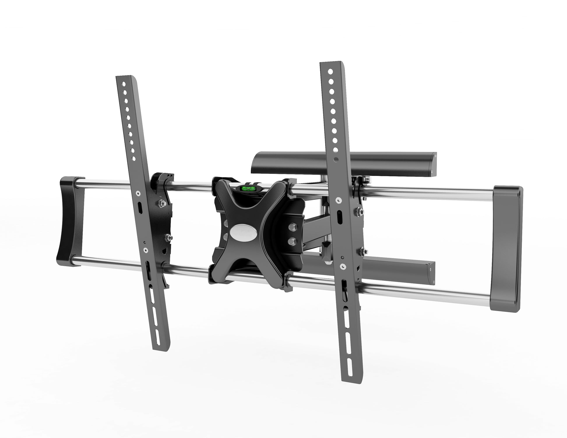 Black adjustable TV wall mount with dual arms, sturdy steel construction, and VESA compatibility, ideal for flat-screen TVs, providing secure and flexible viewing angles for home entertainment setups.