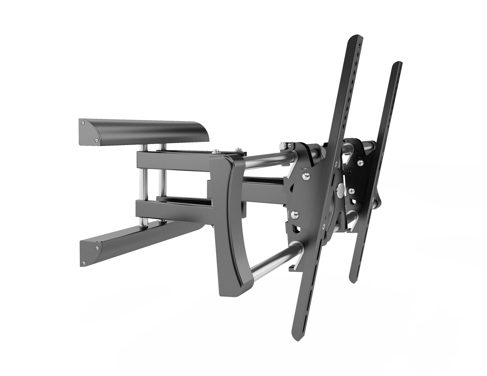 Black, adjustable TV wall mount with sturdy, sleek design, featuring a dual-arm structure for enhanced stability and full-motion swivel, tilt, and rotation capabilities, suitable for flat-screen TVs up to 70 inches.