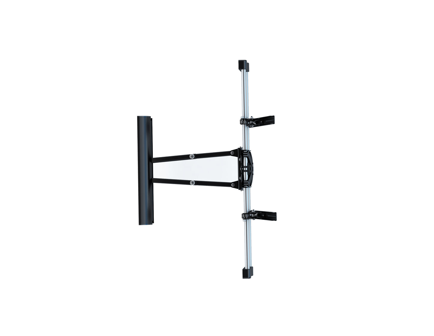 Modern black TV wall mount with adjustable arms, sturdy steel construction, and sleek design for flat-screen TVs. Ideal for living rooms and home theaters.