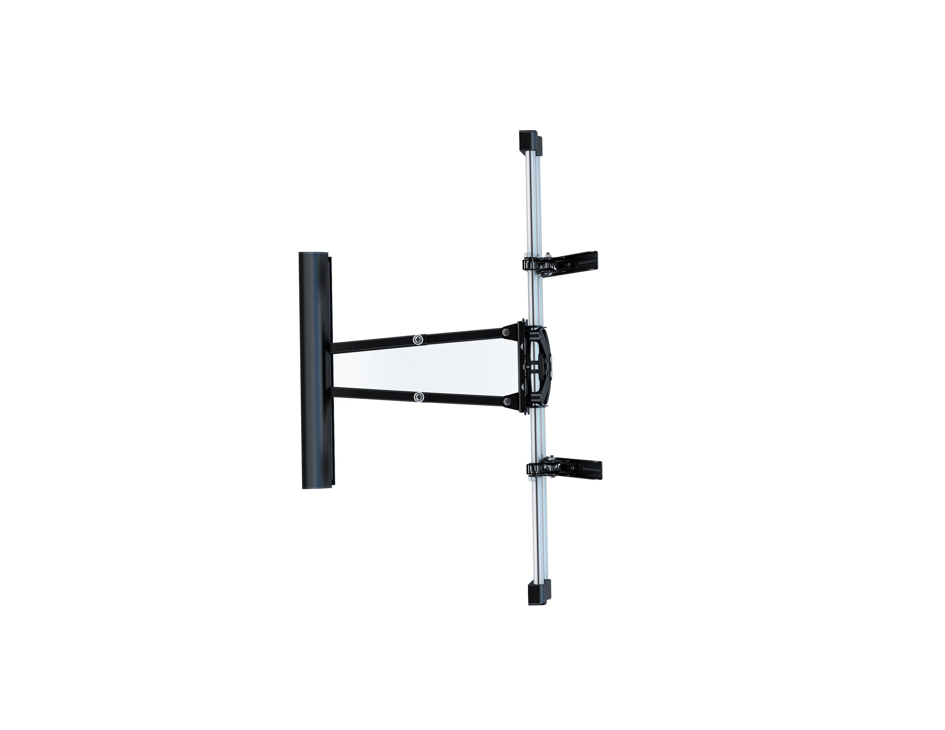 Modern black TV wall mount with adjustable arms, sturdy steel construction, and sleek design for flat-screen TVs. Ideal for living rooms and home theaters.