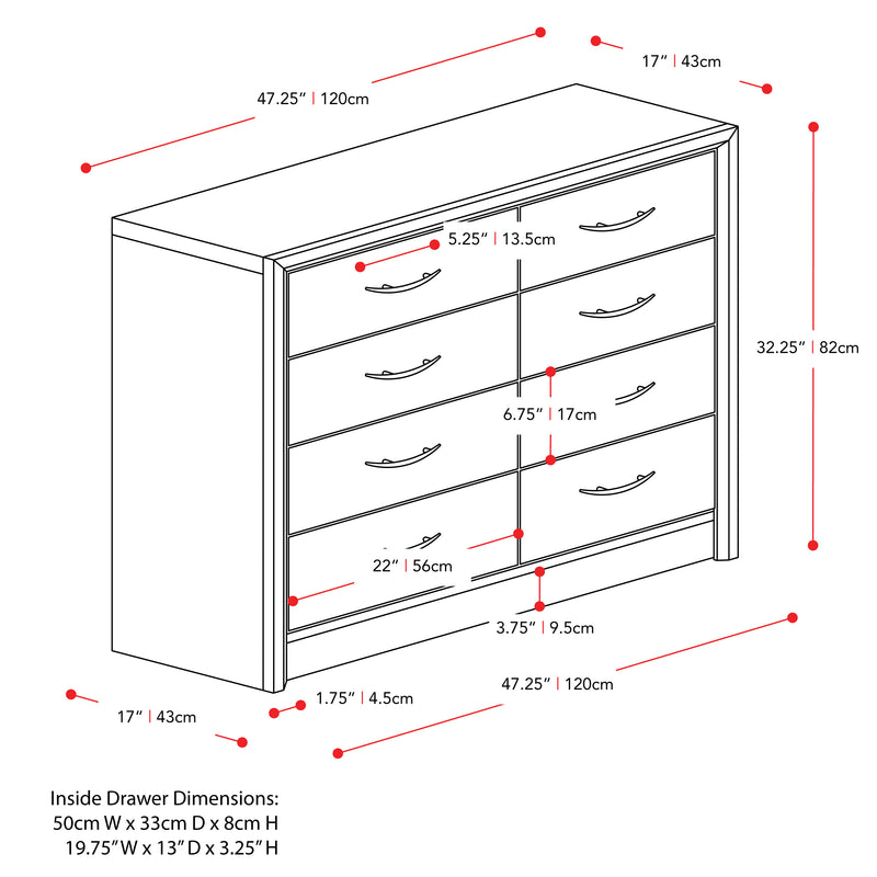 black oak 8 Drawer Dresser Newport Collection measurements diagram by CorLiving