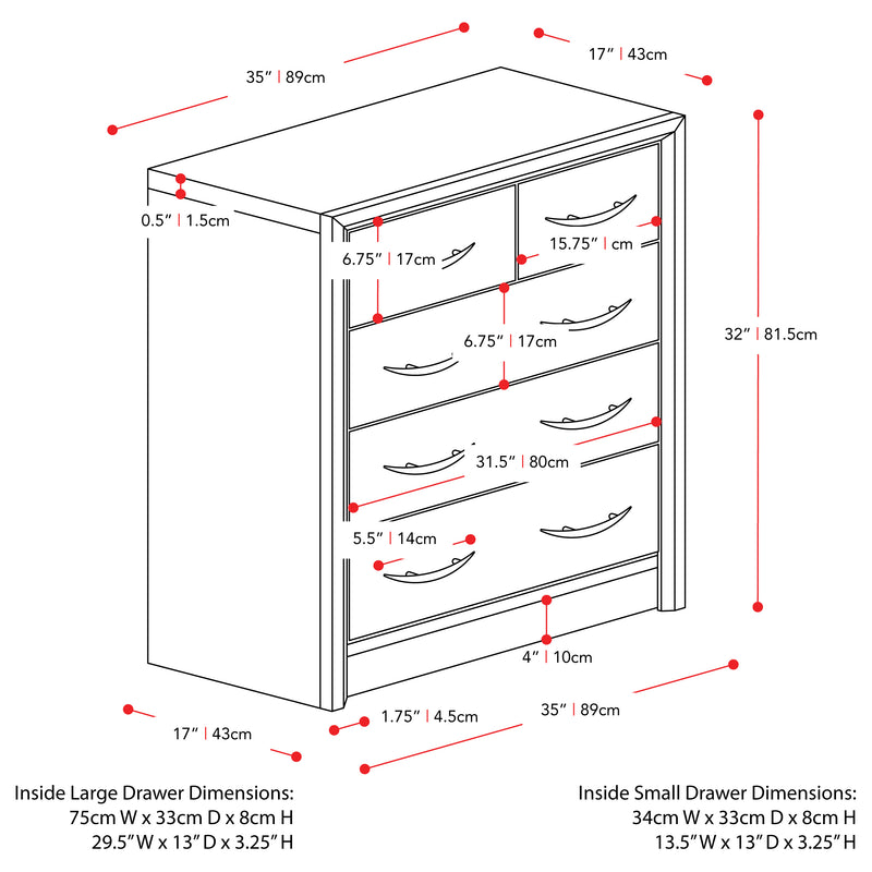 black oak Mid Century Modern Dresser Newport Collection measurements diagram by CorLiving