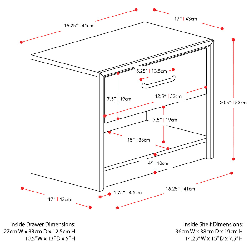 white washed oak Mid Century Modern Night Stand Newport Collection measurements diagram by CorLiving