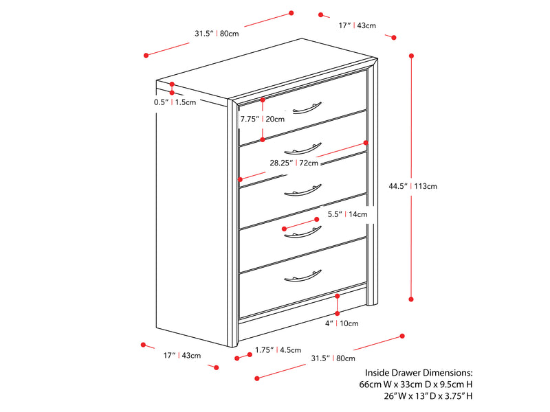 brown washed oak Tall Bedroom Dresser Newport Collection measurements diagram by CorLiving