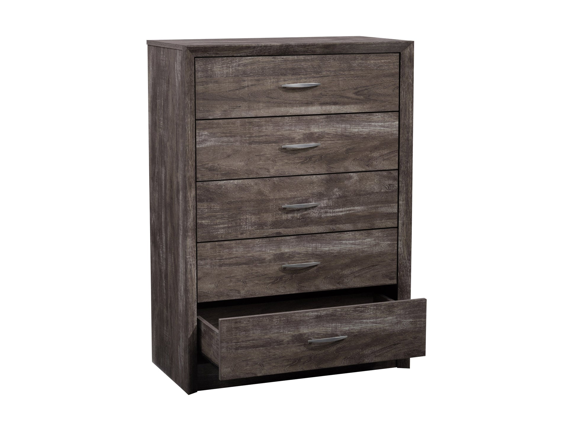 Mid-century modern wooden dresser with six drawers, featuring a walnut finish, sleek metal handles, and tapered legs. Ideal for bedroom storage and organization.