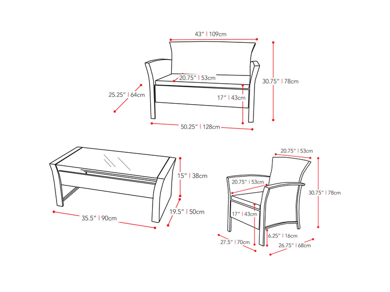 light grey Black Wicker Patio Set, 4pc Cascade Collection measurements diagram by CorLiving