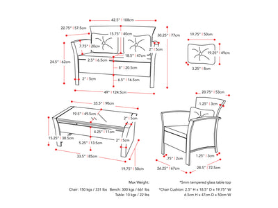 black and turquoise Wicker Patio Set, 4pc Cascade Collection measurements diagram by CorLiving#color_black-and-turquoise